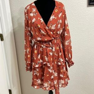 Inspired Hearts Rust Floral Long Sleeve Dress